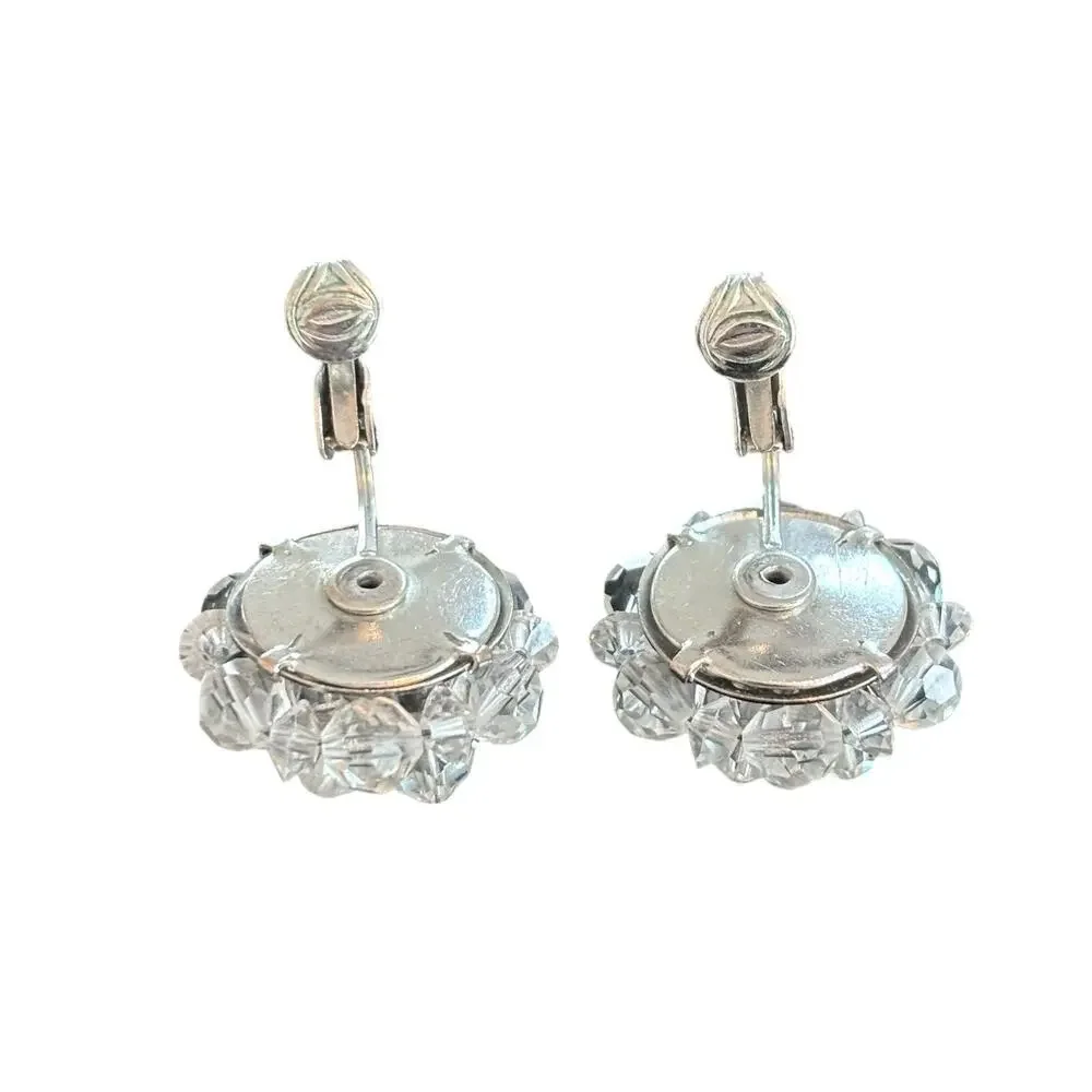 Vintage Laguna Clear Crystal Beaded Cluster Clip On Earrings Signed Silver Tone